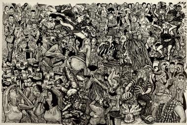  Party, 2008, woodcut on canvas; photo courtesy Cannonball Press 